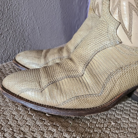 Vtg Dan Post Mens Cream Tan Exotic Lizard Leather Cowboy Boots Pointed Toe 9.5D - Picture 3 of 12